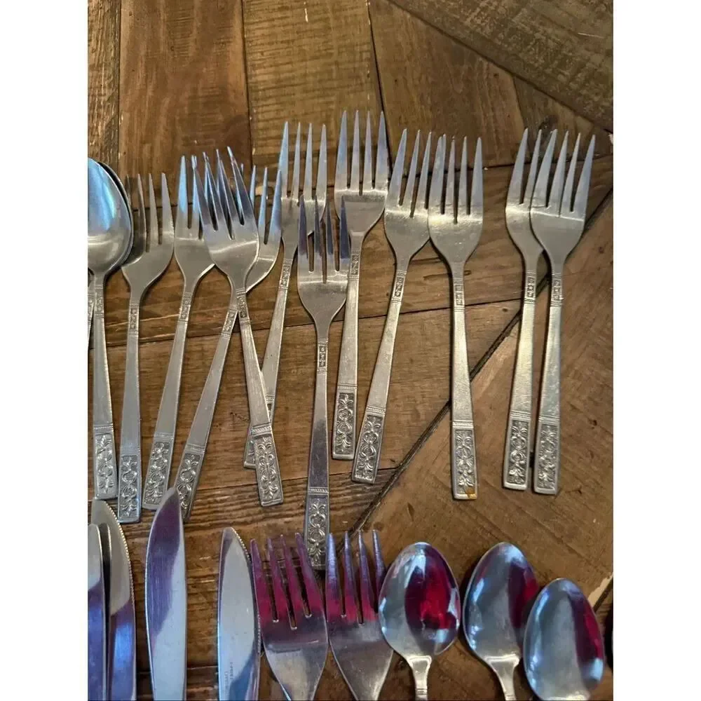 Vintage Custom Craft Stainless Steel Flatware 52PCs Fleur De Lis Mid Century MCM
